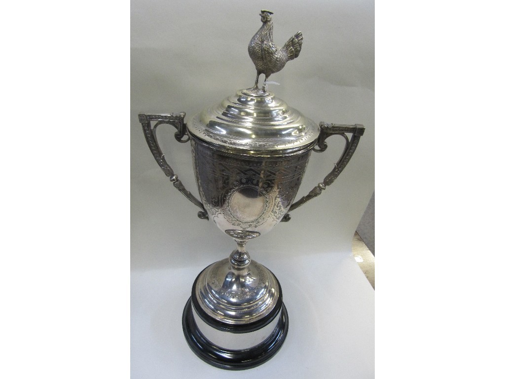 Appraisal: Silver plated presentation cup with cockerel finial