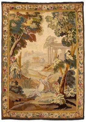 Appraisal: Hand-woven verdure tapestry landscape with classical ruins and exotic birds