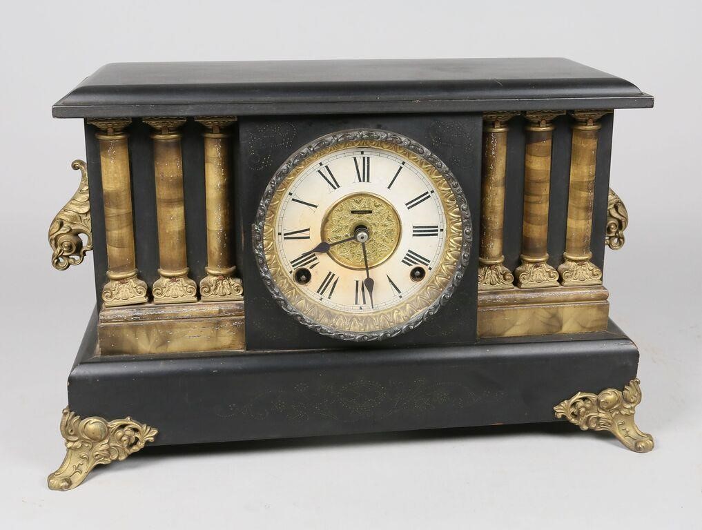 Appraisal: E Ingraham Co wooden mantle clock Missing back wood panel