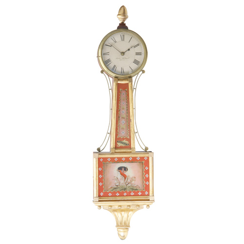 Appraisal: AARON WILLARD Presentation banjo clock with glass panels reverse-painted with