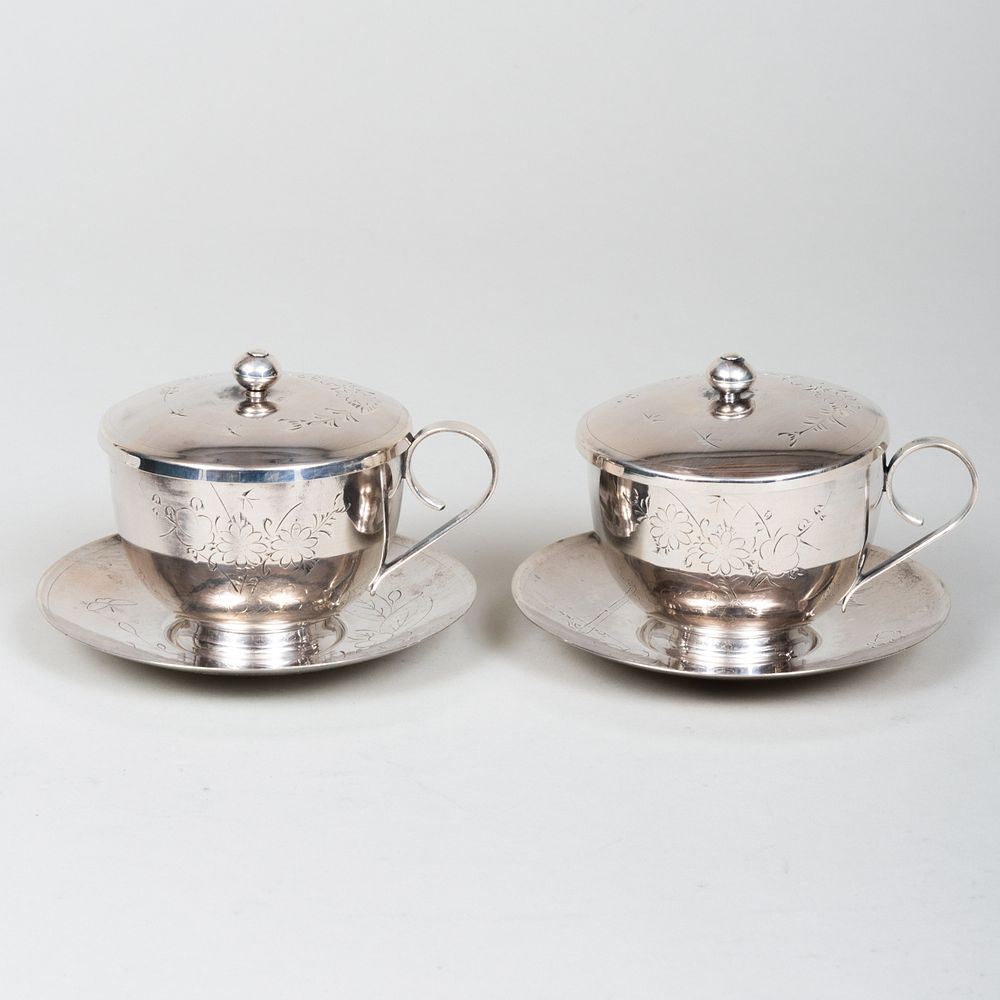 Appraisal: Pair of Chinese Export Silver Teacups Saucers and Covers Indistinctly