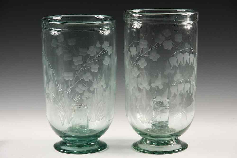 Appraisal: PAIR OF GLASS HURRICANE CANDLEHOLDERS - Pale Green Glass Handblown