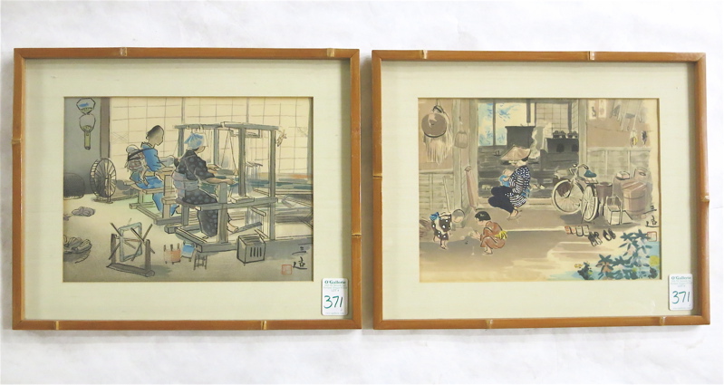 Appraisal: TWO JAPANESE WOODCUT PRINTS in bamboo frames depicting genre scenes