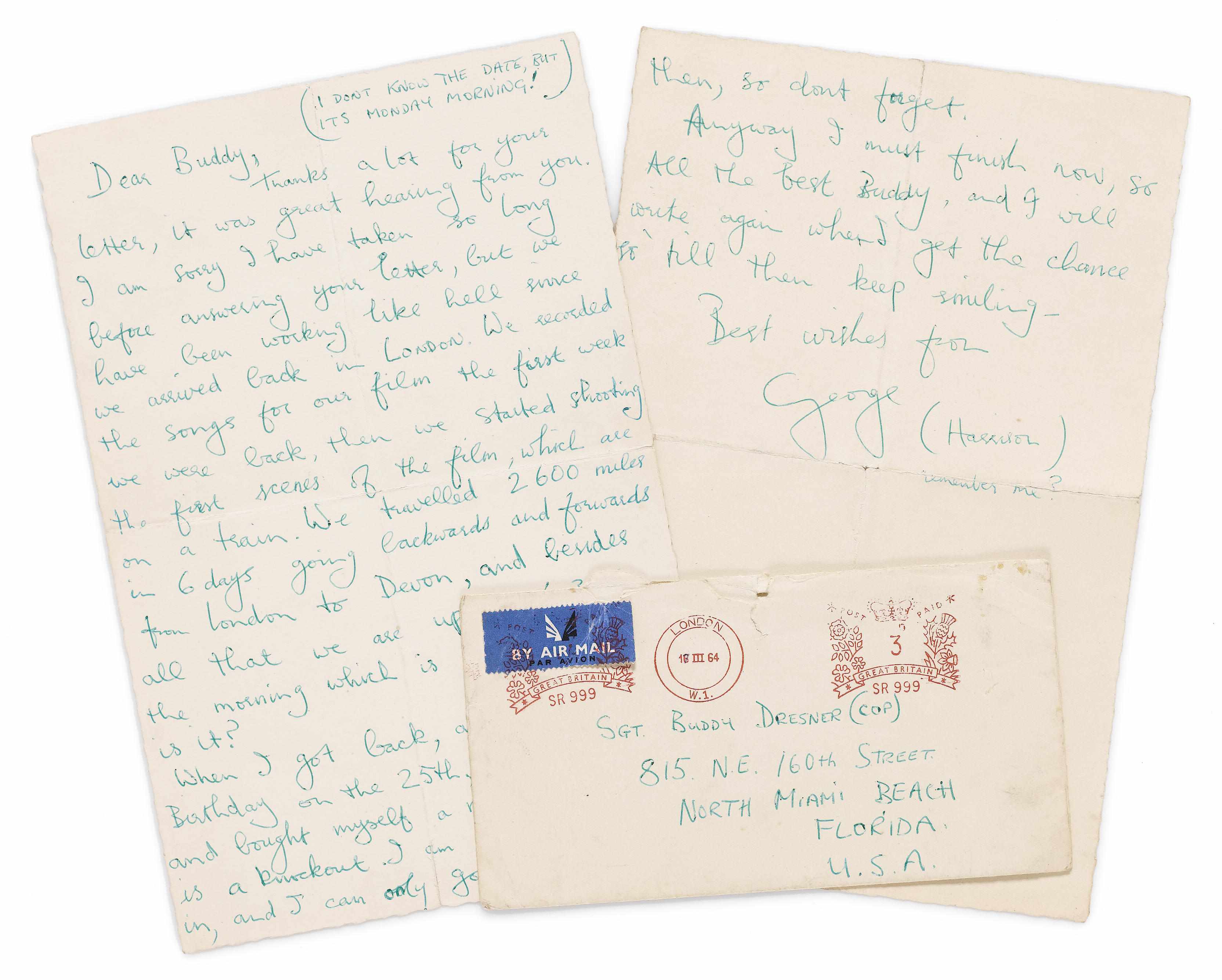 Appraisal: Rock Roll Memorabilia A George Harrison handwritten two page letter