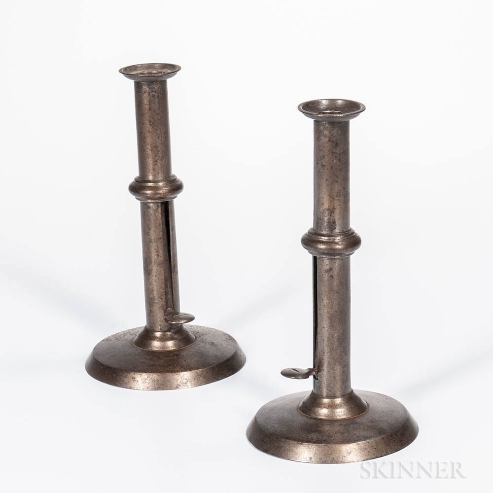 Appraisal: Two Iron-banded Iron Hogscraper Candlesticks Two Iron-banded Iron Hogscraper Candlesticks