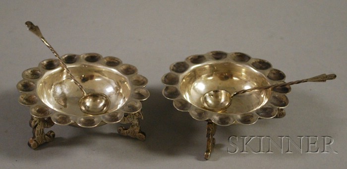 Appraisal: Pair of Mexican Silver Open Salts and Spoons Sanborns makers