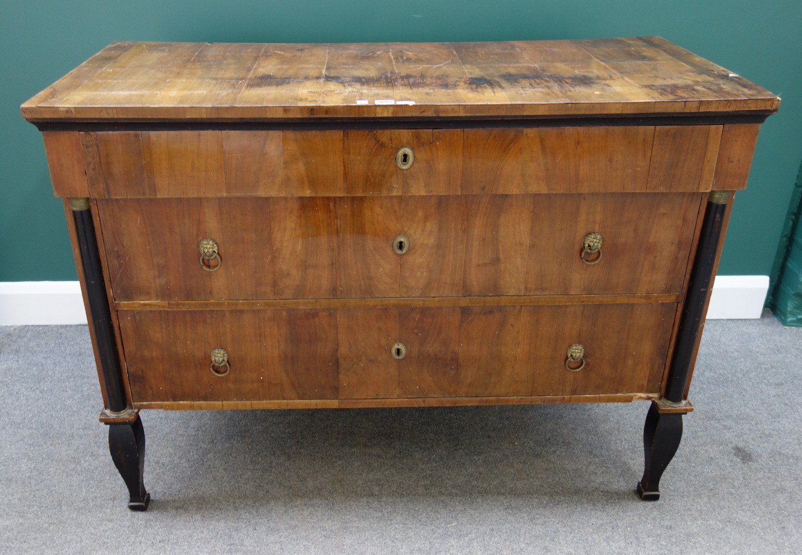 Appraisal: A th century French walnut and ebonised three drawer commode