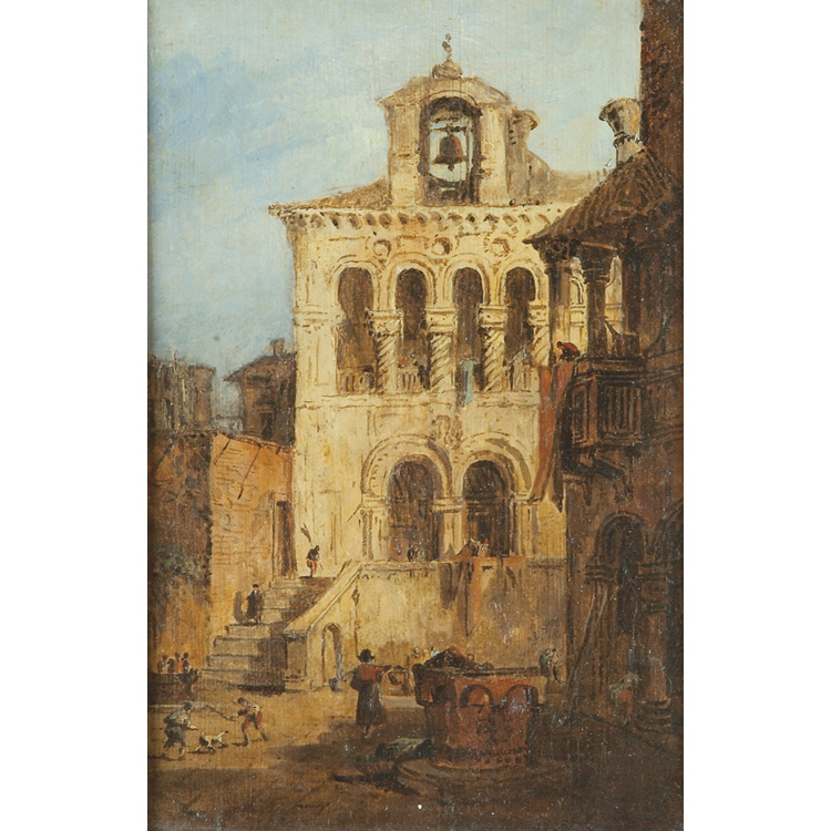 Appraisal: Follower of Francesco Guardi Capriccio with Figures in a Square