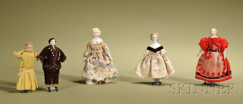 Appraisal: Five Dollhouse Doll Children Germany c all with untinted bisque