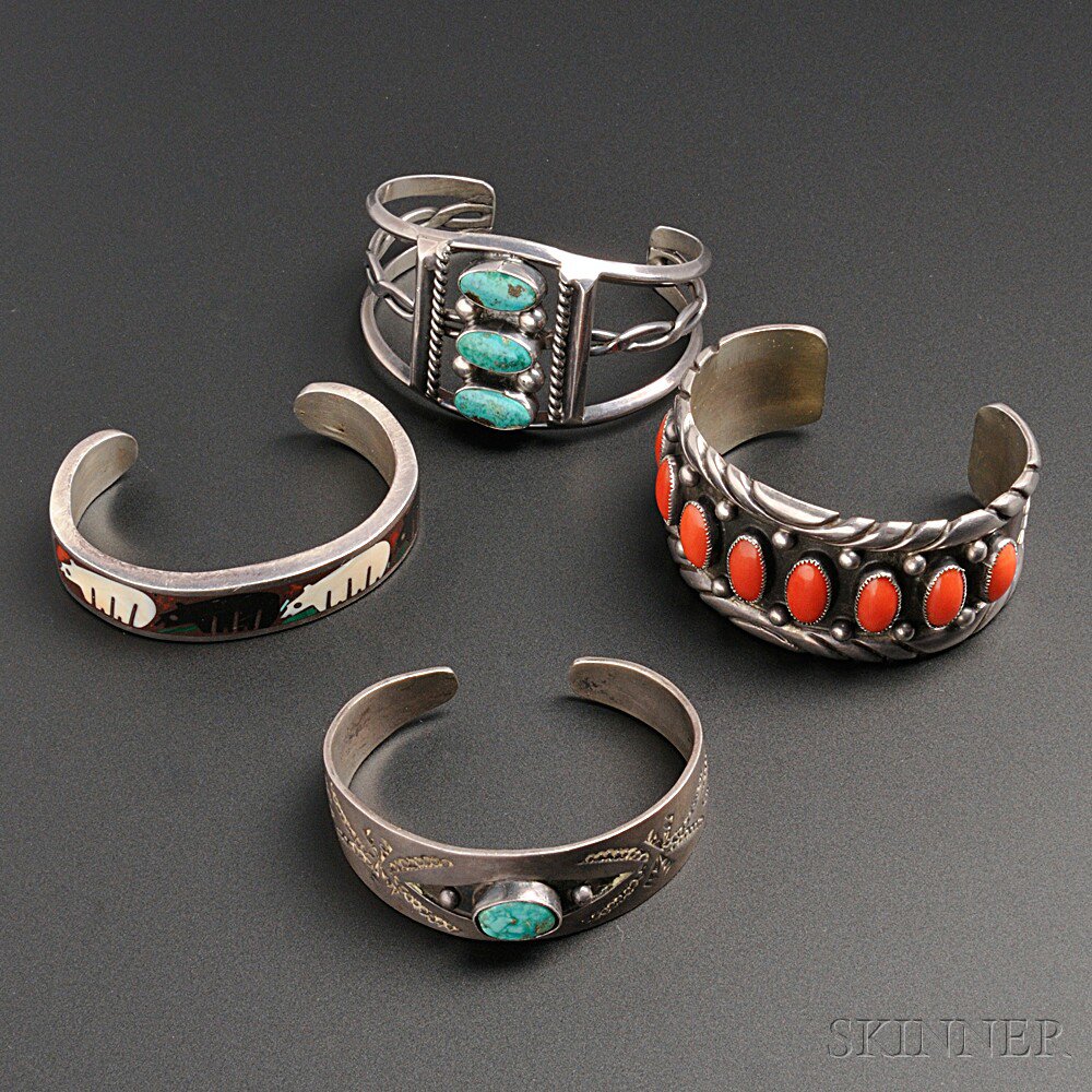 Appraisal: Four Southwest Bracelets one with coral settings one with inlaid