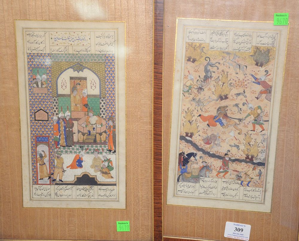 Appraisal: Three Persian Gouaches to include two manuscripts leaves with gilt