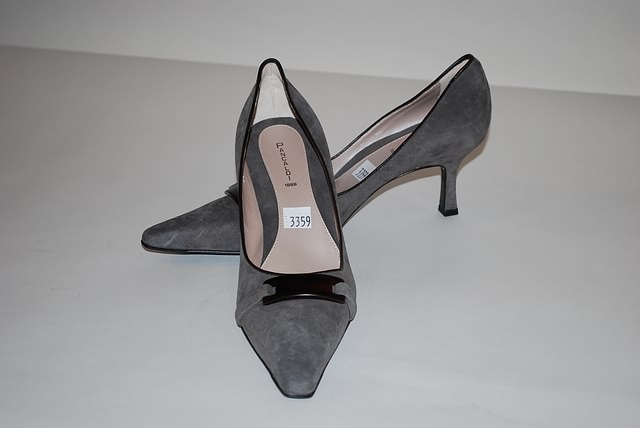 Appraisal: Pancaldi gray suede pumps with bone trim Size B Good