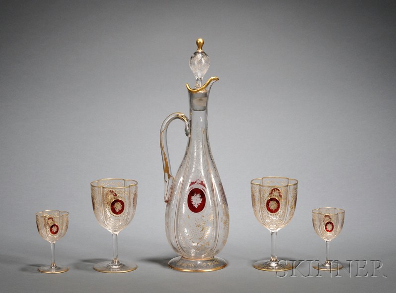 Appraisal: Eighteen-Piece Colorless Etched and Ruby Flashed Bohemian Glass Drinks Set