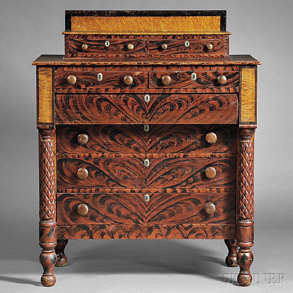 Appraisal: Classical Carved and Paint-decorated Pine and Bird's-eye Maple Bureau probably