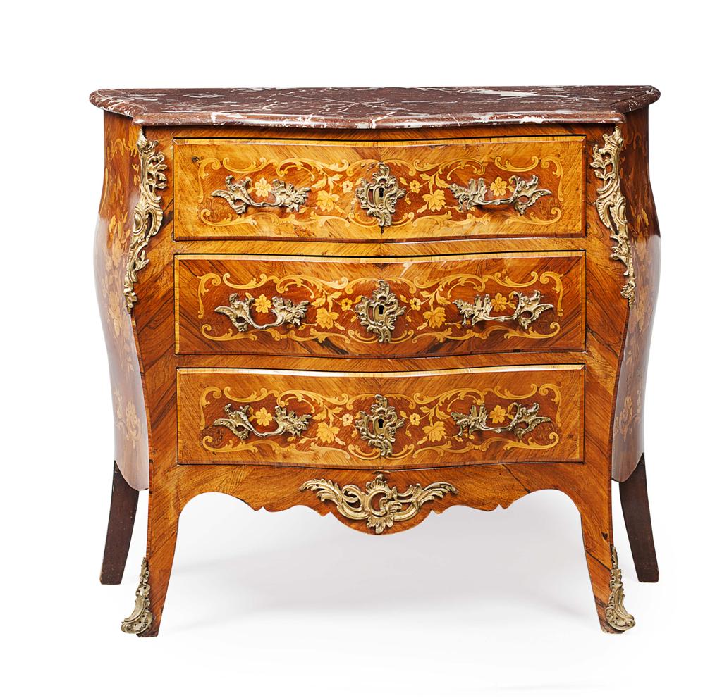 Appraisal: LOUIS XV STYLE SERPENTINE AND BOMBE KINGWOOD AND FRUITWOOD MARQUETRY