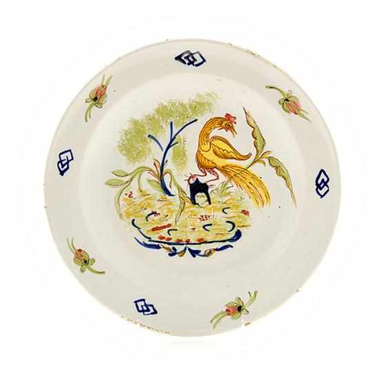 Appraisal: Delft cockerel pattern charger th th century central scene with