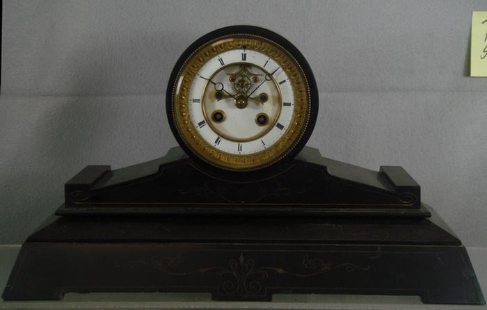 Appraisal: L Marti Cie black marble mantle clock white enameled double