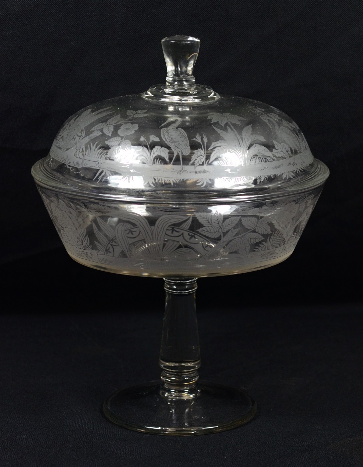 Appraisal: Pressed glass covered compote with etched exotic bird and foliate