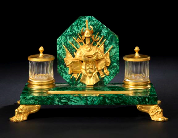 Appraisal: Attractive Continental Gilt-Bronze-Mounted Malachite-Veneered Double Standish first quarter th century