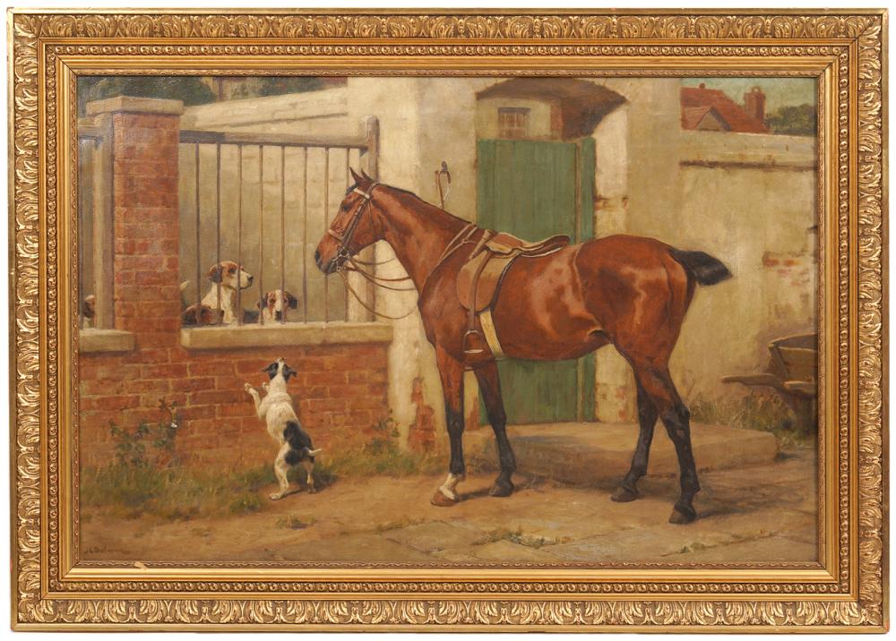 Appraisal: J C DOLLMAN 'DOGS AT THE STABLE' OIL ON CANVASJohn