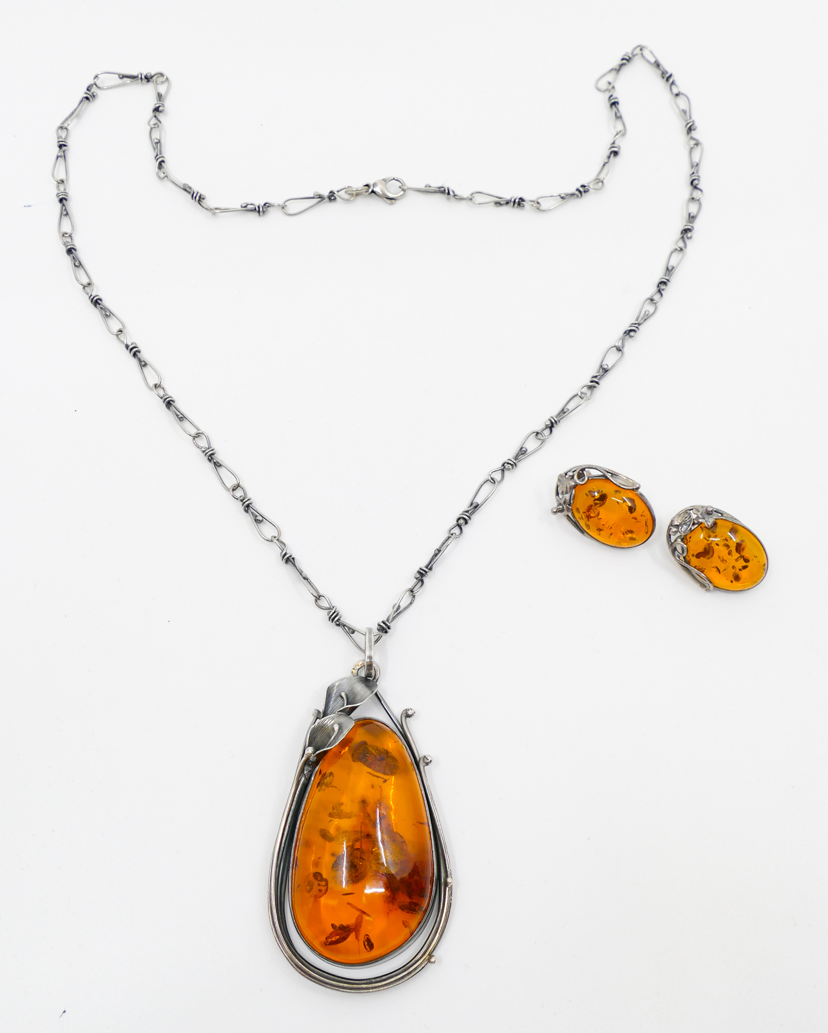 Appraisal: Natural Amber Sterling Necklace and Earrings Set - Grams TW