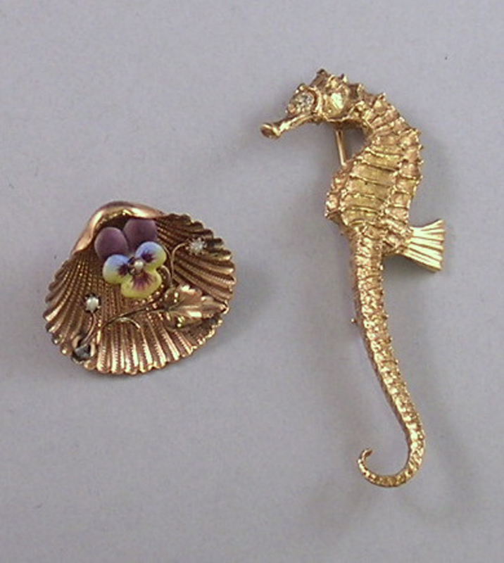 Appraisal: Two Gold Brooches a kt gold seahorse with diamond eye