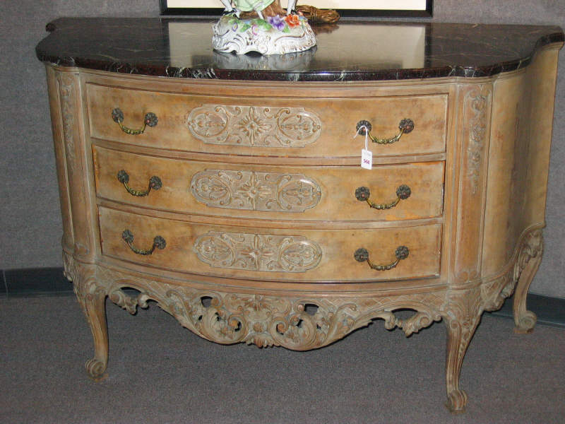 Appraisal: LOUIS XV STYLE MARBLE TOP BOW FRONT DRESSER Dark red