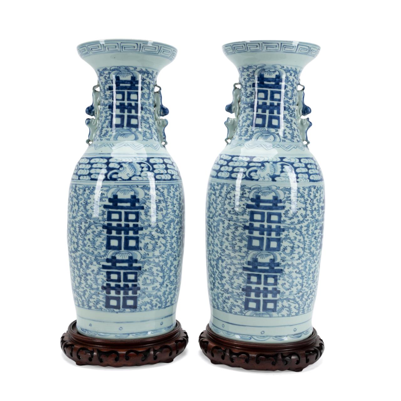 Appraisal: PCS PAIR CHINESE BLUE WHITE URNS W STANDS Pair of