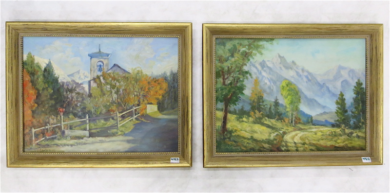 Appraisal: SODERBERG THREE OILS ON BOARD a cityscape an alpine chapel