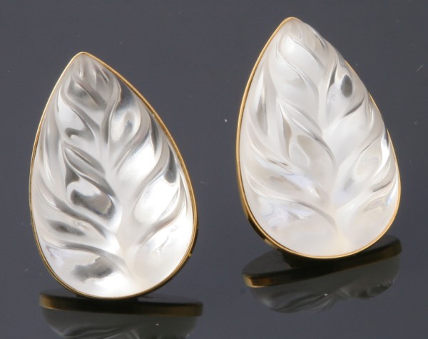 Appraisal: KY Clip-on Lalique earrings Carved glass leaf design bezel set