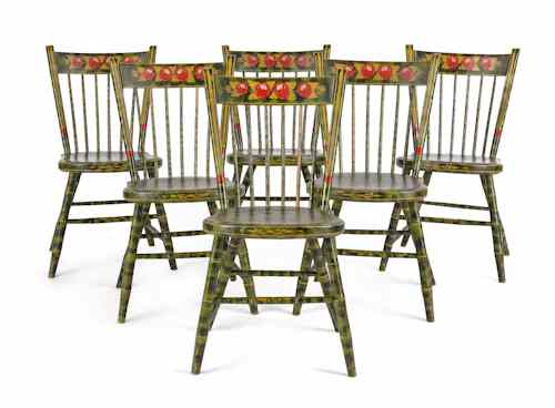 Appraisal: Set of six Pennsylvania painted plank seat chairs th c