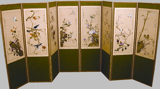 Appraisal: Asian screen each panel with -character signature with colorful silk