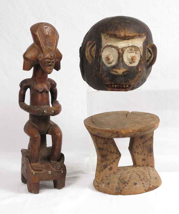 Appraisal: AFRICAN CARVED ITEMS To include CHOKWE ROYAL FIGURE ''h x