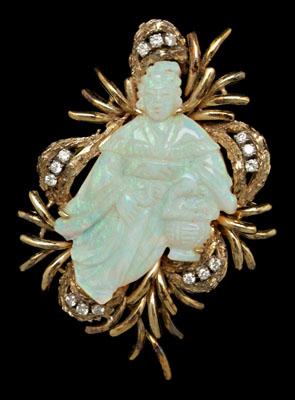 Appraisal: Carved opal diamond brooch central white opal with hand carved