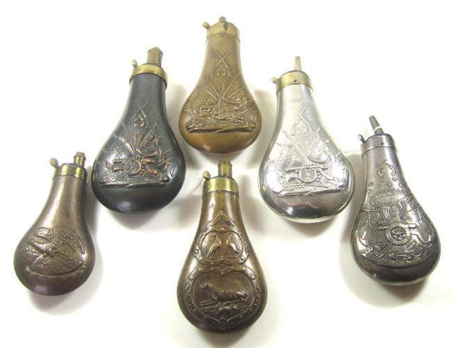 Appraisal: SIX UNMARKED POWDER FLASKS two are silver plated Colt patent