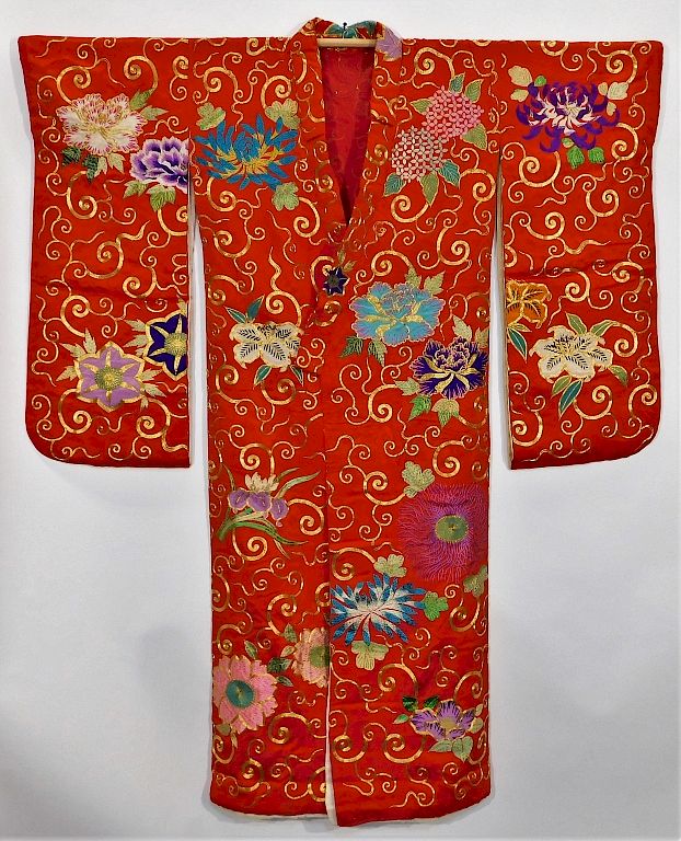 Appraisal: Japanese Edo Period Red and Gold Uchikake Kimono Japan Circa