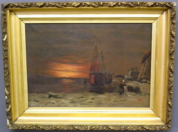 Appraisal: Oil on canvas maritime painting of a Dutch sunset signed