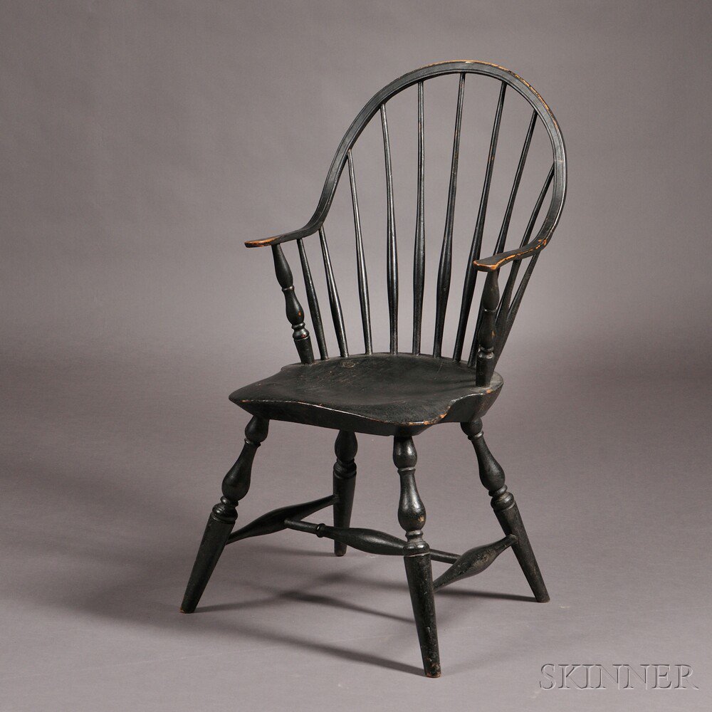 Appraisal: Black-painted Windsor Bow-back Continuous Armchair New England late th century