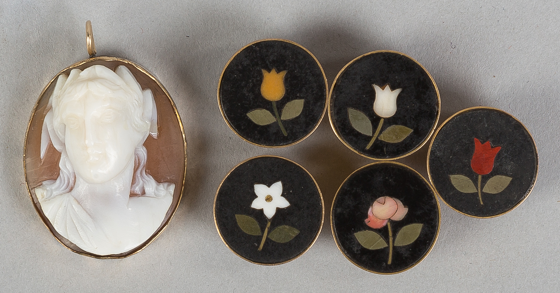 Appraisal: Victorian Cameo Pin Five k Gold Pietra Dura Cuff Links