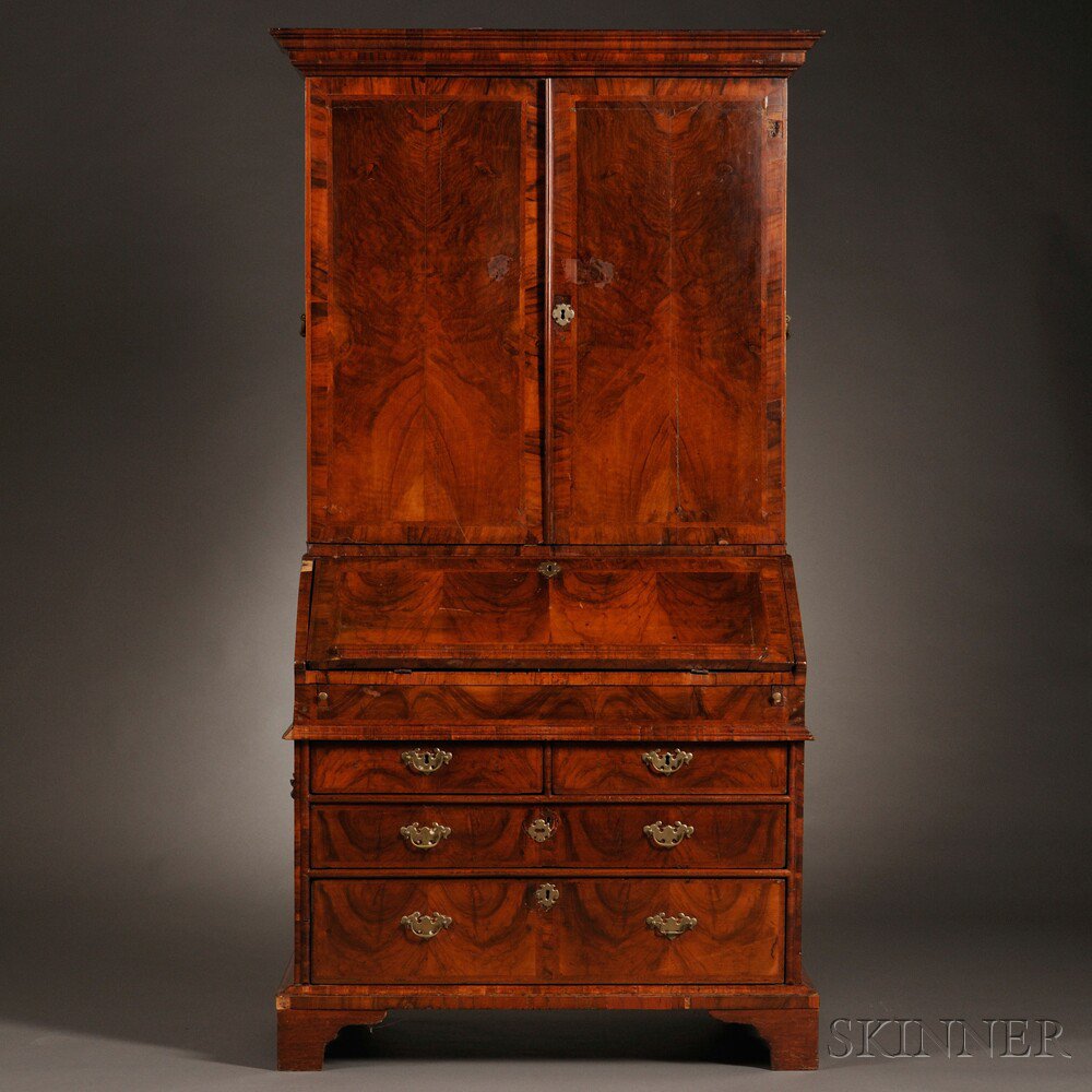 Appraisal: Early Georgian Walnut-veneer Bureau Cabinet England first half th century