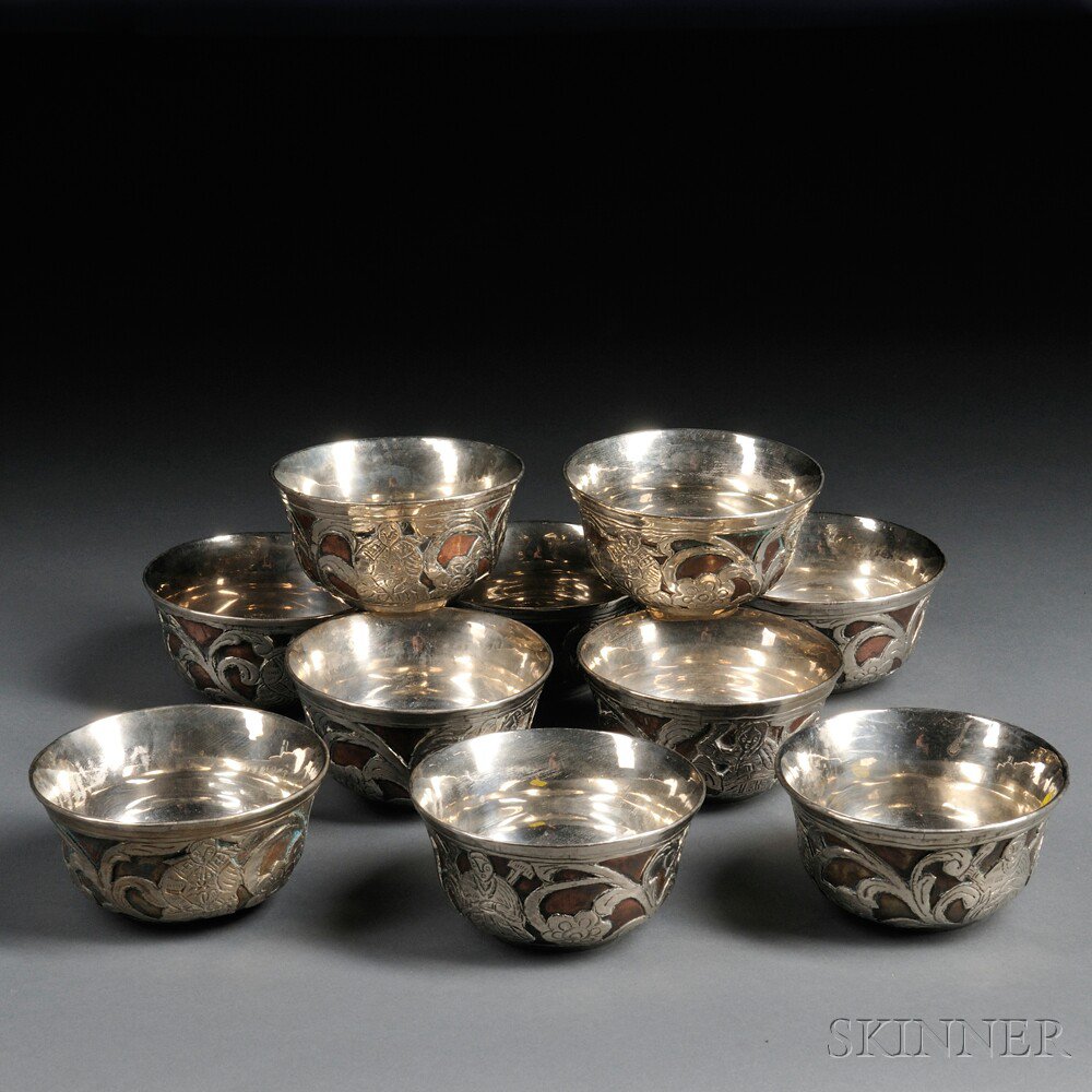 Appraisal: Ten Silver-lined Copper Bowls possibly Nepal th century with silver