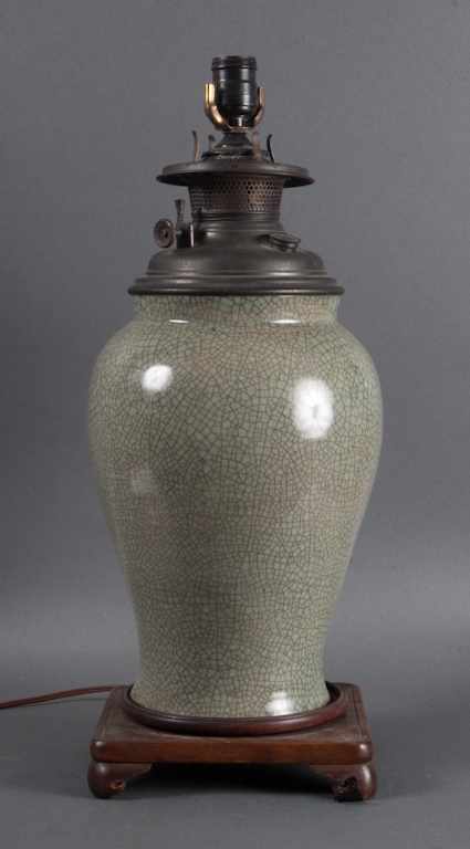 Appraisal: Chinese celadon crackle glazed porcelain vase mounted as a lamp