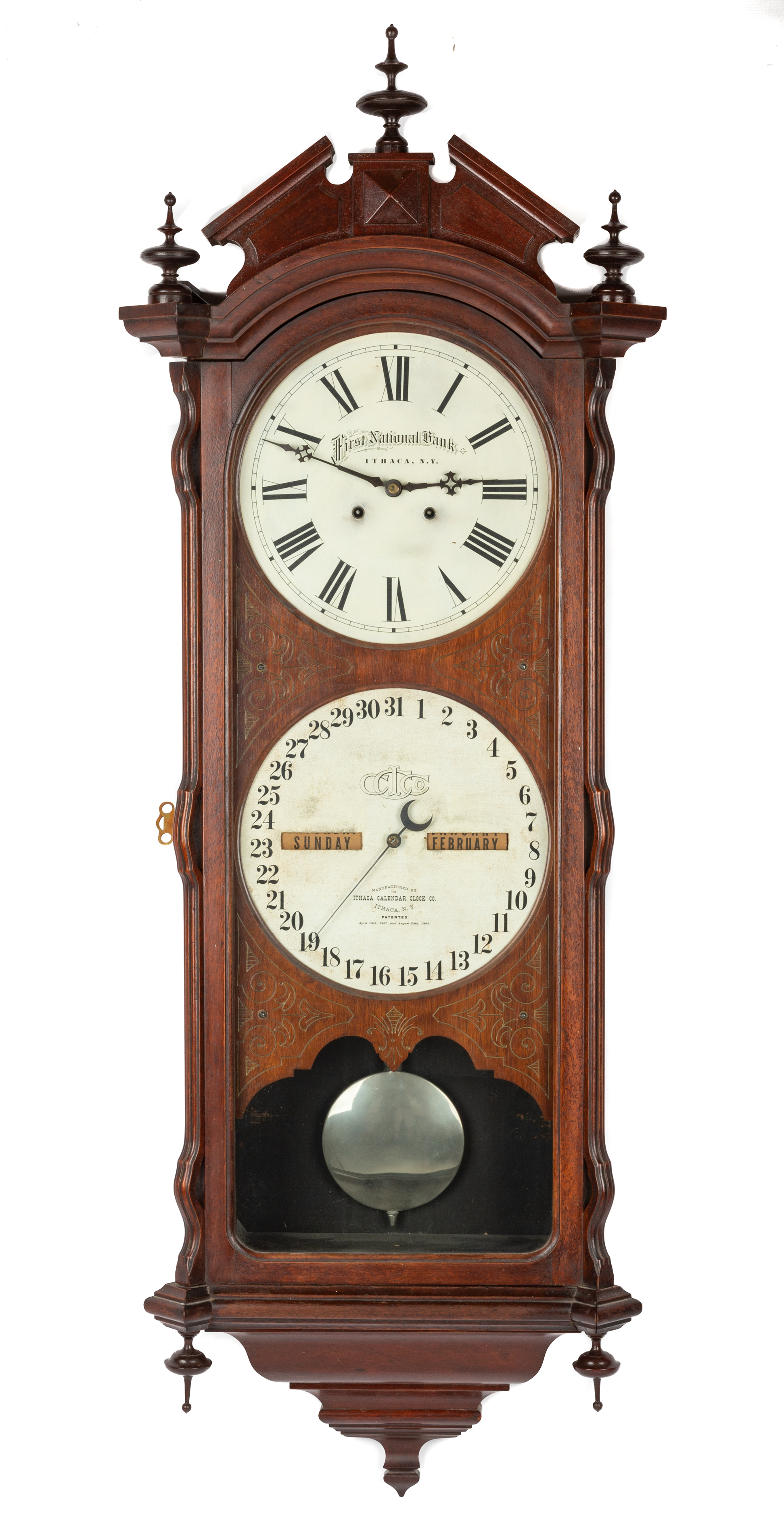 Appraisal: ITHACA REGULATOR CALENDAR CLOCK th century Walnut case in original