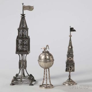 Appraisal: Three Continental Silver Spice Containers two tower form one Austro-Hungarian