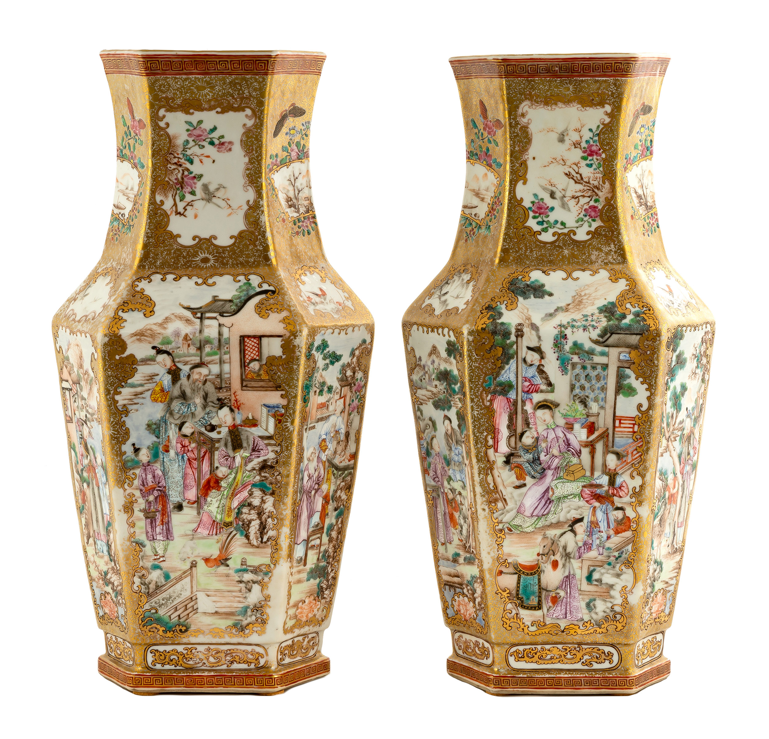 Appraisal: PAIR OF CHINESE EXPORT HEXAGONAL PORCELAIN VASES th century Hand