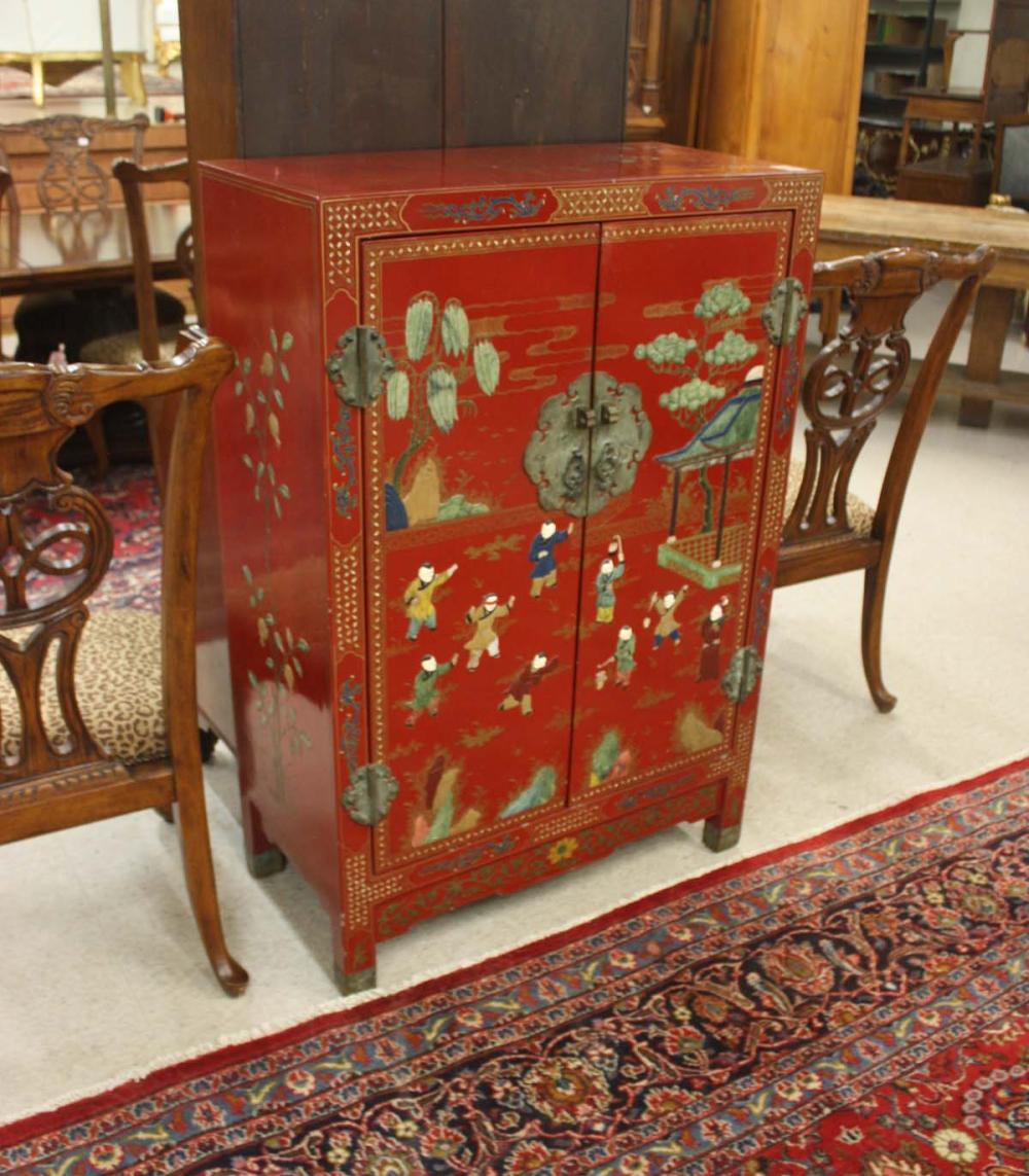 Appraisal: RED LACQUER TWO-DOOR CABINET J L George Co labeled Kowloon