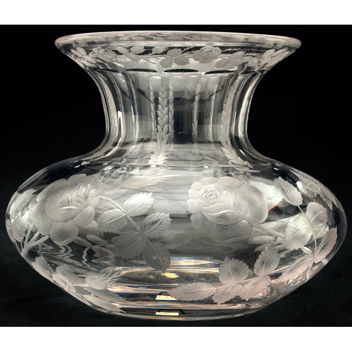 Appraisal: Large Sinclaire vase beautifully executed etched rose pattern signed Sinclaire