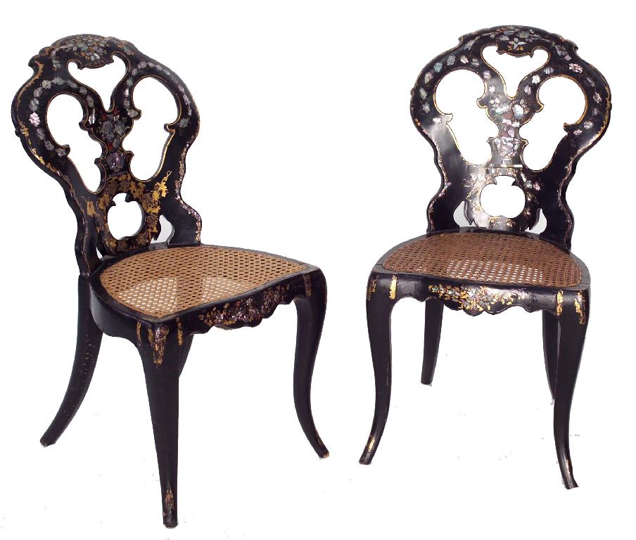 Appraisal: PAIR OF MID VICTORIAN MOTHER-OF-PEARL INLAID PAPIER-MACHE DRAWING ROOM CHAIRS