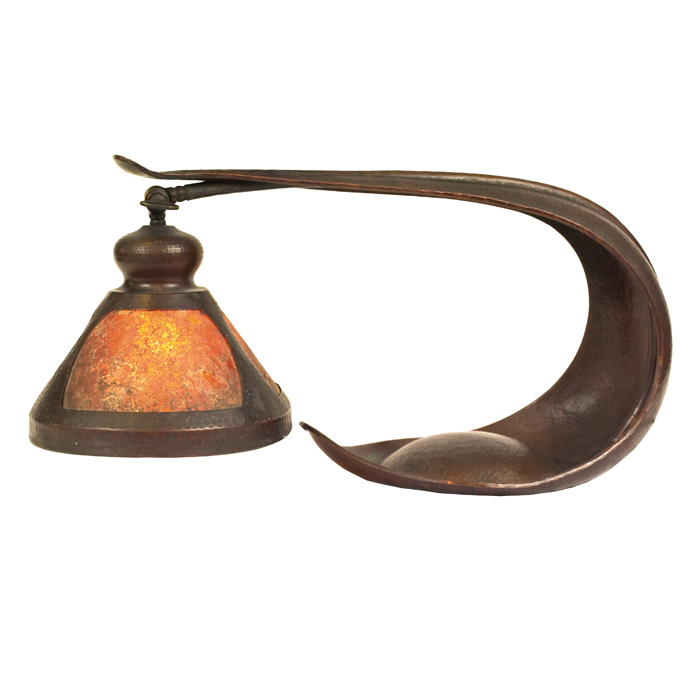 Appraisal: Benedict Studios cobra lamp copper base supports a mica shade