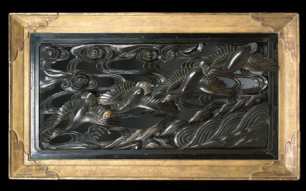 Appraisal: A Japanese parcel gilt carved wood panel circa Depicting geese